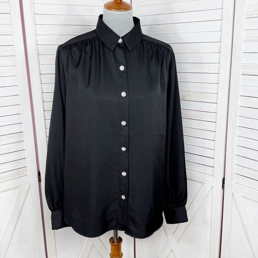Express Satin‎ Rhinestone Button Up Blouse Shirt Black Large